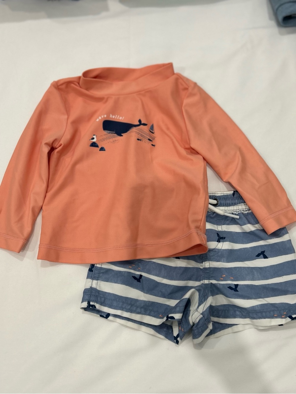 Carter's Coral Long-Sleeve Rashguard with Blue Stripe Swim Shorts